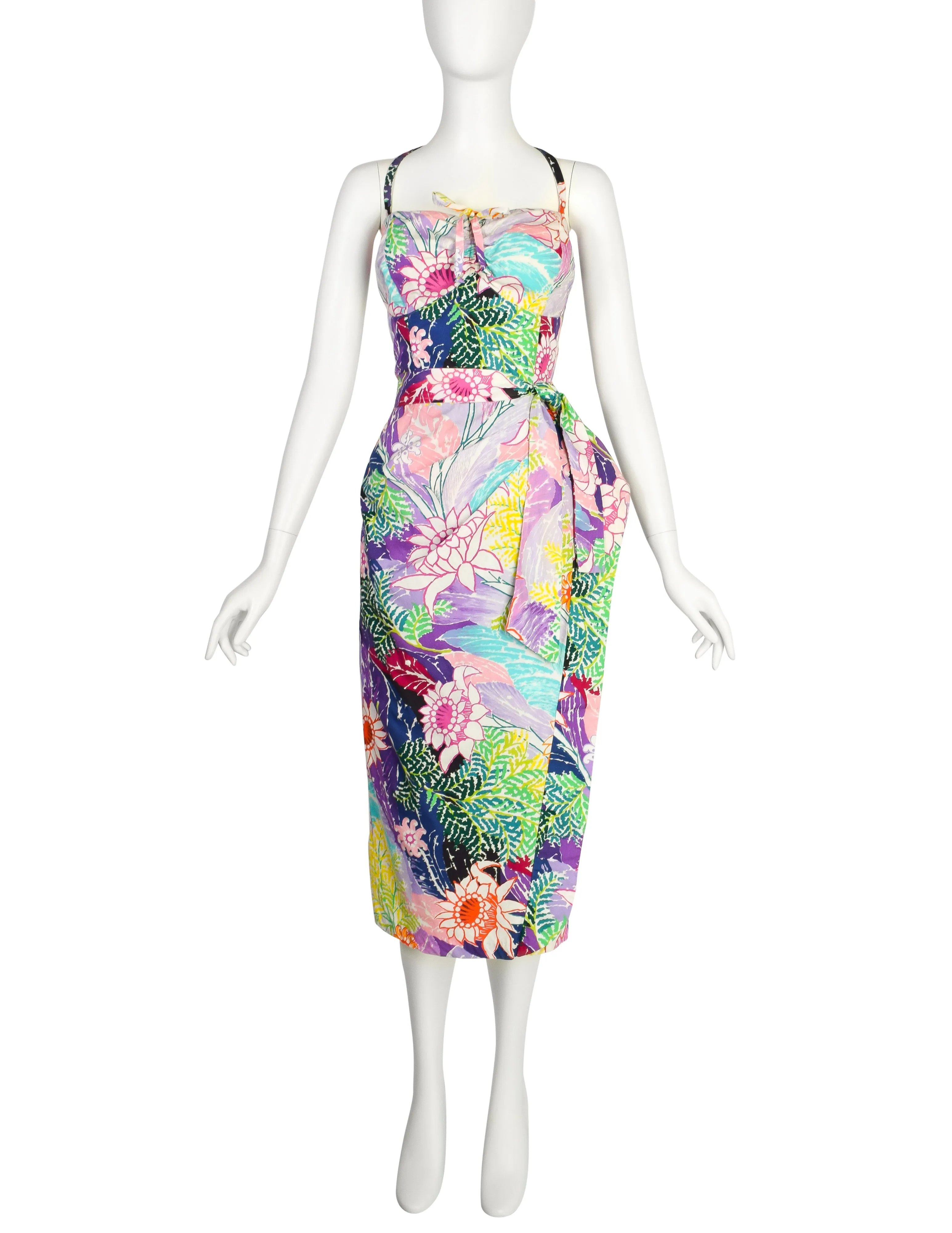 Kamehameha Mildred Park Vintage 1950s Incredible Vibrant Hawaiian Floral Cotton Wiggle Dress and Bolero Set