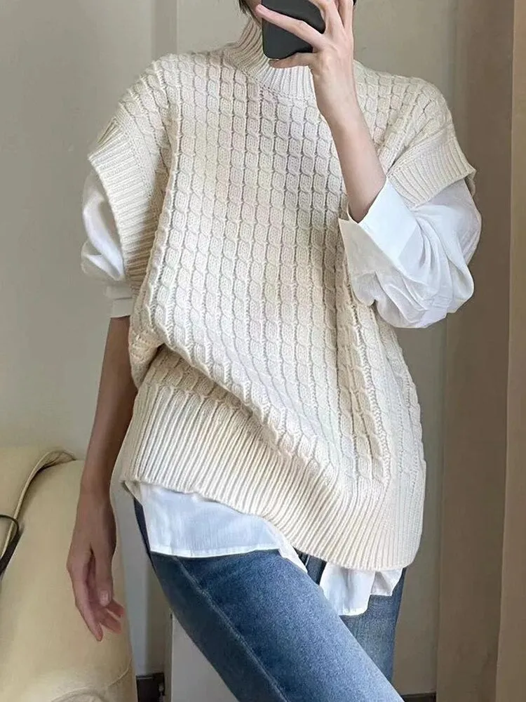 Knitting Minimalist Waistcoats For Women Round Neck Sleeveless Pullover Casual Loose Waistcoat Female Fashion