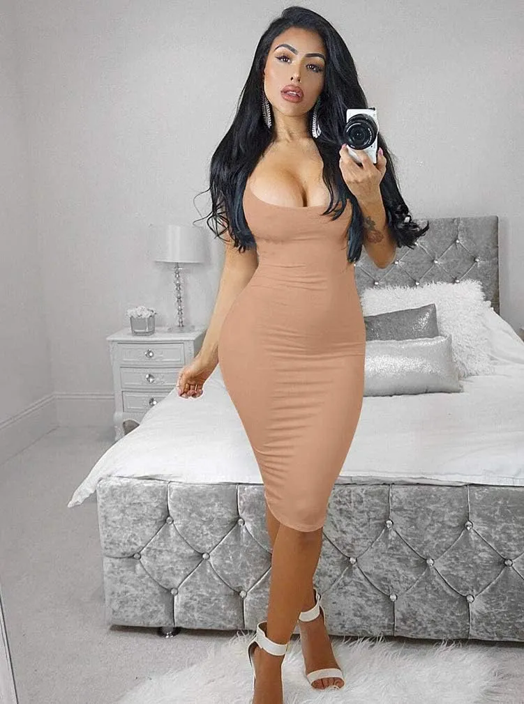LAGSHIAN Women's Sexy Bodycon Tank Dress Sleeveless Basic Midi Club Dresses