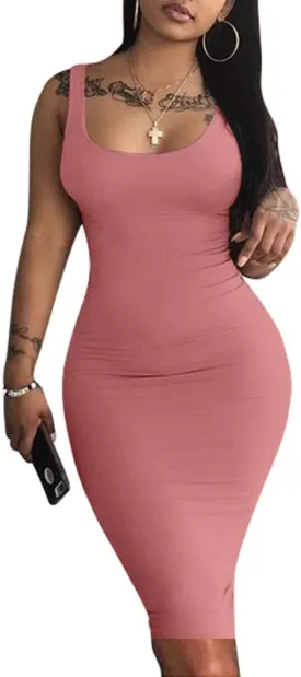 LAGSHIAN Women's Sexy Bodycon Tank Dress Sleeveless Basic Midi Club Dresses