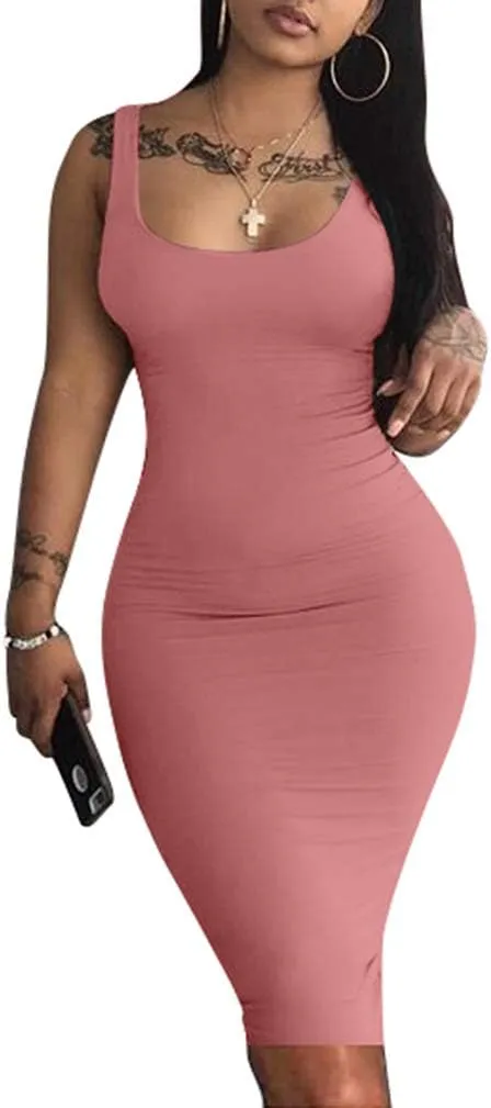 LAGSHIAN Women's Sexy Bodycon Tank Dress Sleeveless Basic Midi Club Dresses