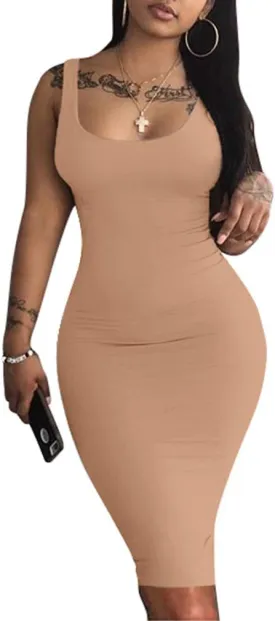 LAGSHIAN Women's Sexy Bodycon Tank Dress Sleeveless Basic Midi Club Dresses