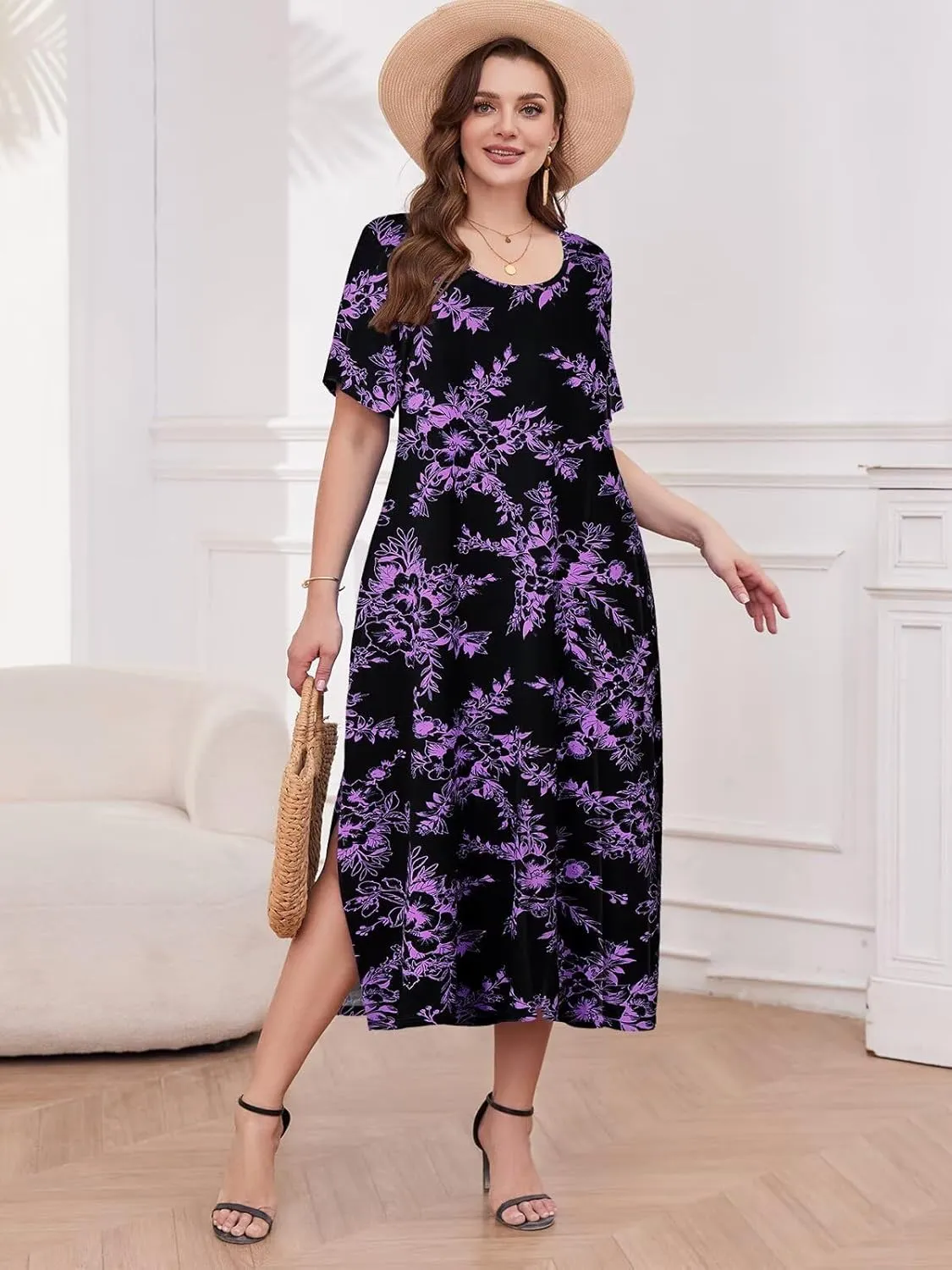 LARACE Plus Size Maxi Dress for Womens Summer Short Sleeve T Shirt Dress with Pockets Loose Fit Casual Sundresses with Slit