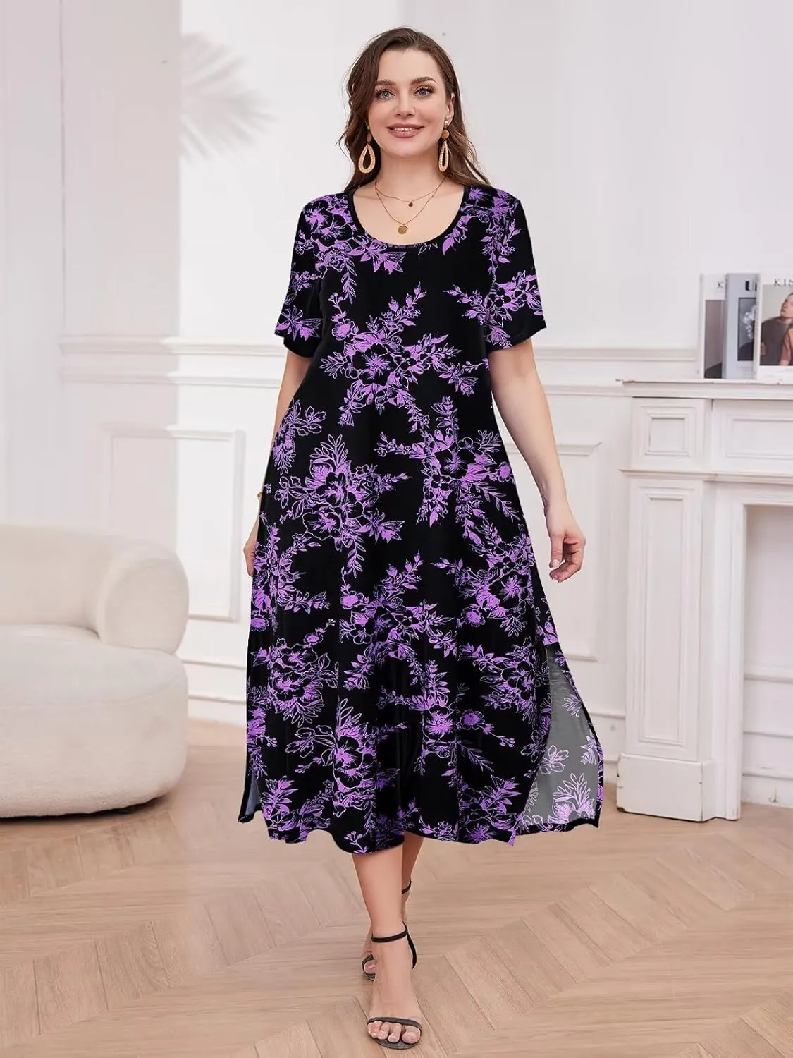 LARACE Plus Size Maxi Dress for Womens Summer Short Sleeve T Shirt Dress with Pockets Loose Fit Casual Sundresses with Slit