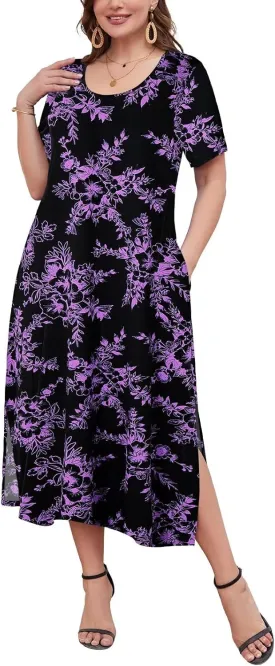 LARACE Plus Size Maxi Dress for Womens Summer Short Sleeve T Shirt Dress with Pockets Loose Fit Casual Sundresses with Slit