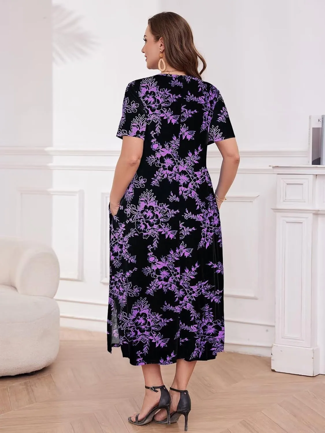 LARACE Plus Size Maxi Dress for Womens Summer Short Sleeve T Shirt Dress with Pockets Loose Fit Casual Sundresses with Slit