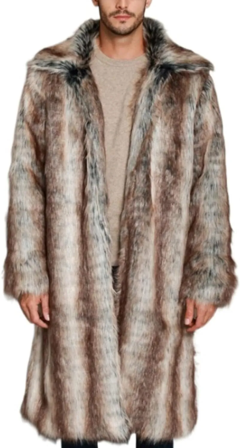 Men Mid Long Casual Faux Mink Coat Single Breasted Business Cozy Fur Jacket Winter Classic Fur Collar Outerwear