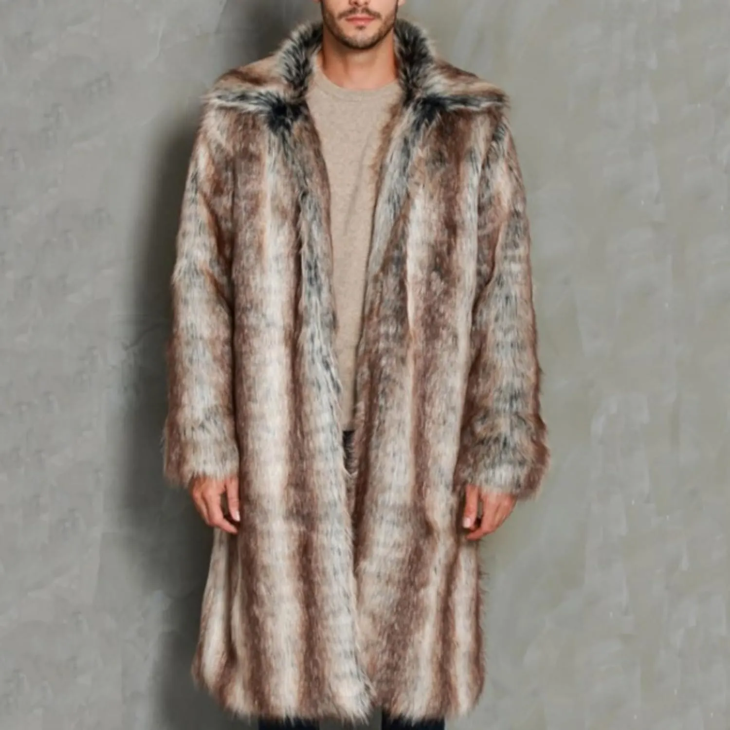 Men Mid Long Casual Faux Mink Coat Single Breasted Business Cozy Fur Jacket Winter Classic Fur Collar Outerwear