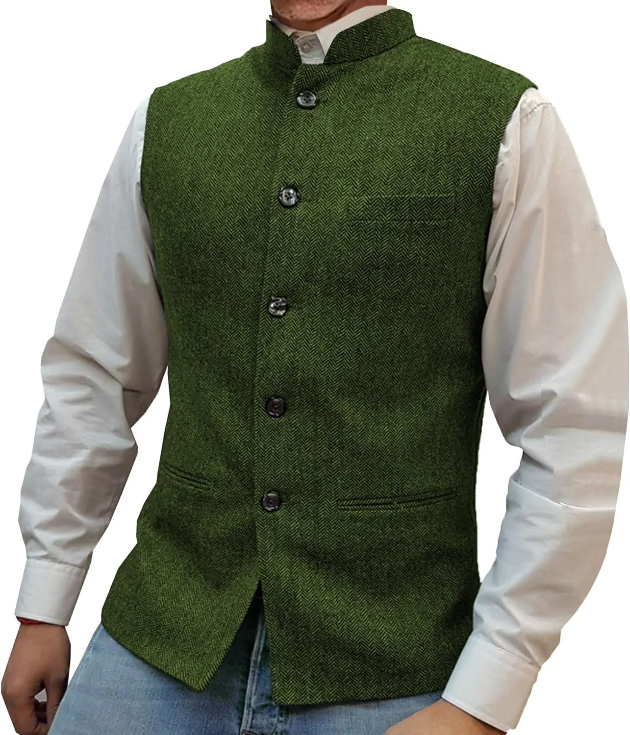 Mens Herringbone Wool Vests Slim Fit High Collar Waistcoats Tweed Wool Regular Fit Dress Vest