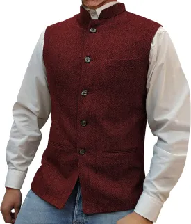 Mens Herringbone Wool Vests Slim Fit High Collar Waistcoats Tweed Wool Regular Fit Dress Vest