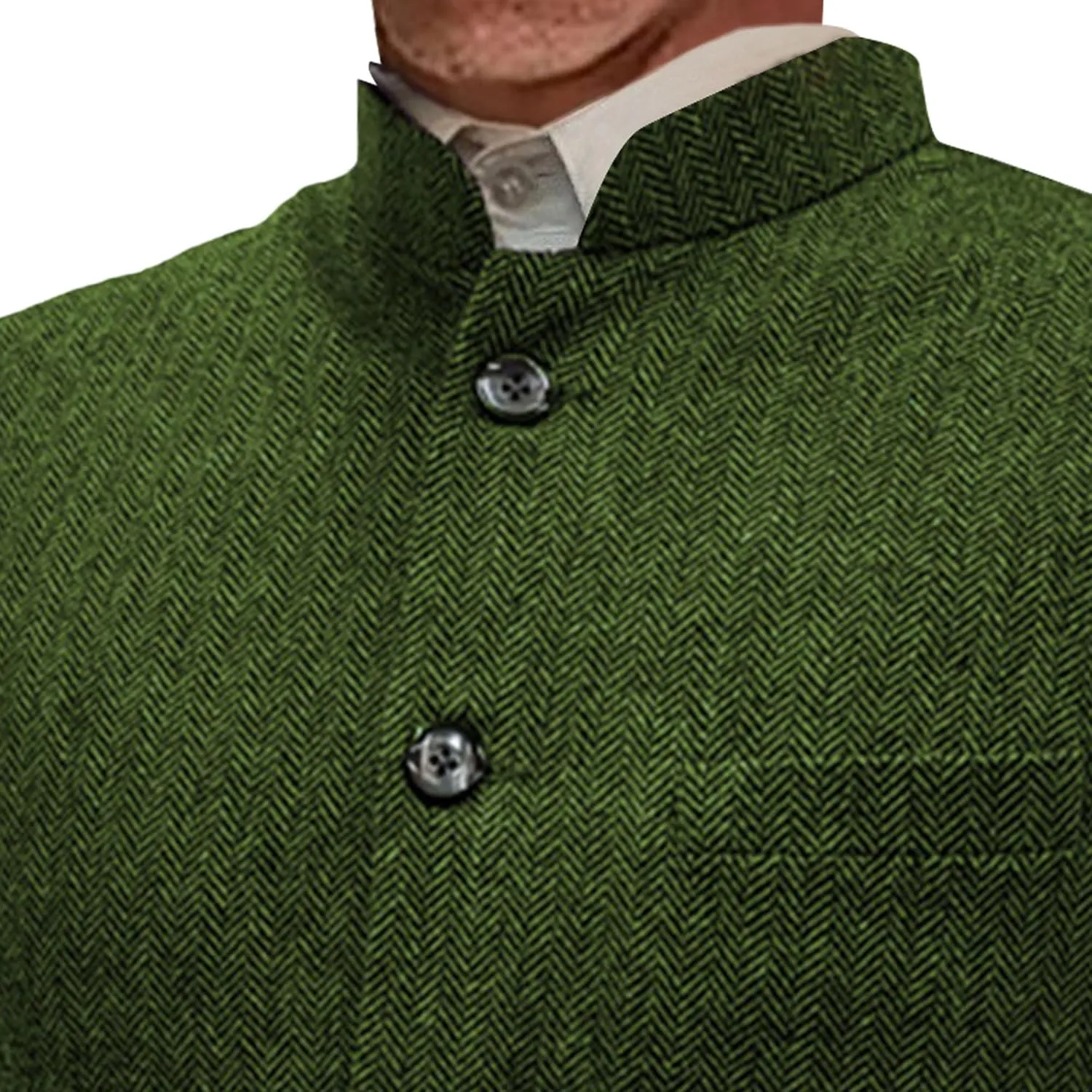 Mens Herringbone Wool Vests Slim Fit High Collar Waistcoats Tweed Wool Regular Fit Dress Vest