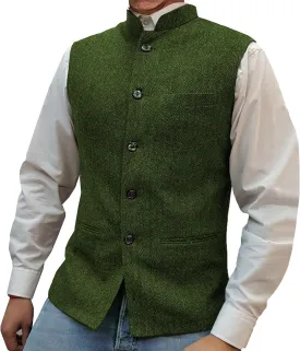 Mens Herringbone Wool Vests Slim Fit High Collar Waistcoats Tweed Wool Regular Fit Dress Vest