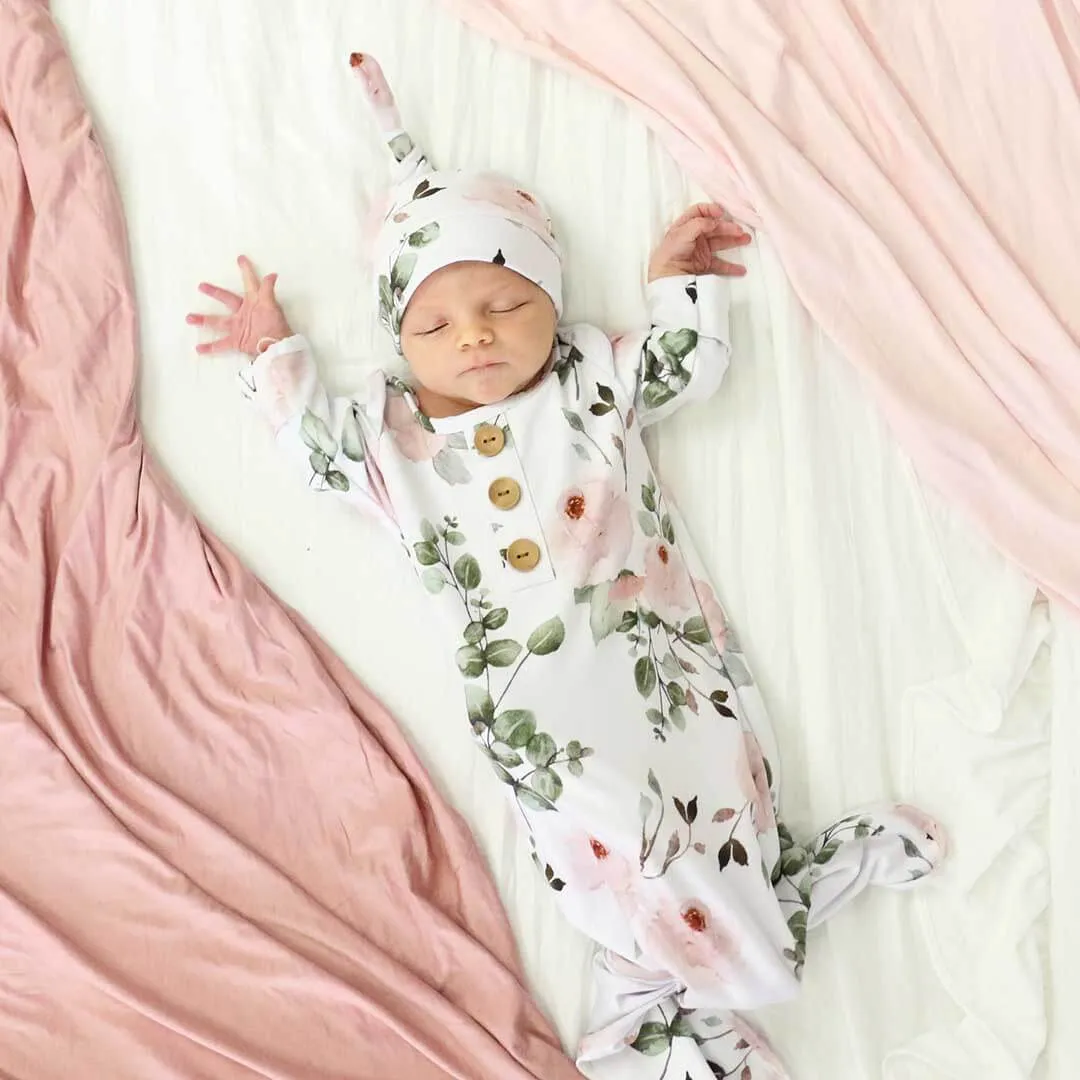 Millie's Dusty Rose Garden Newborn Baby Knot Gown & Hat Set