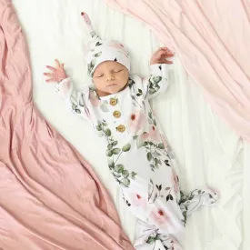Millie's Dusty Rose Garden Newborn Baby Knot Gown & Hat Set