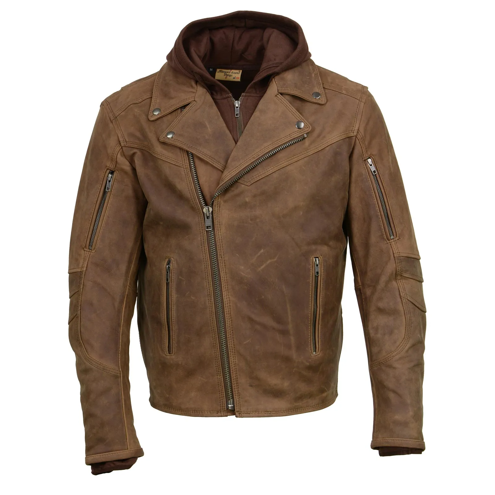 Milwaukee Leather MLM1511 Men's 'Vagabond' Vintage Crazy Horse' Brown Leather Jacket w/ Removable Hoodie