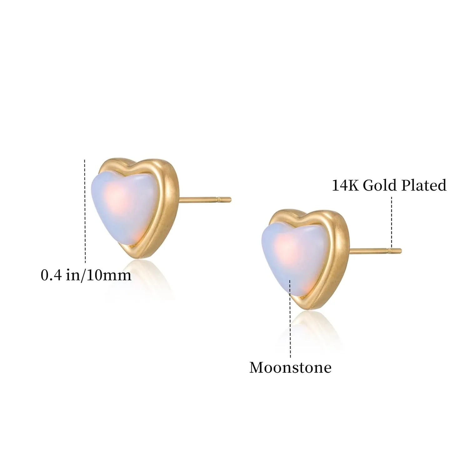 Moonstone Stud Earrings for Women 10mm 14K Gold Plated Handmade Gold Heart Crystal Earrings Moonstone Earrings Natural Stone Earrings Moonstone Jewelry for Women