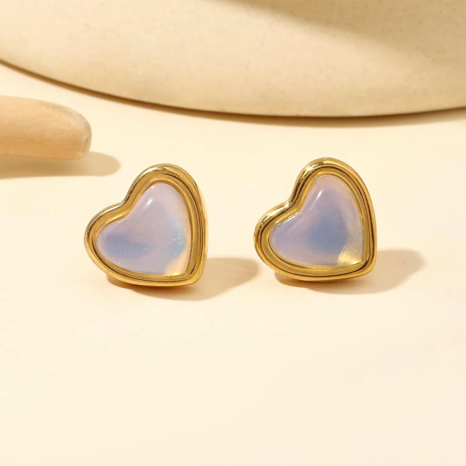 Moonstone Stud Earrings for Women 10mm 14K Gold Plated Handmade Gold Heart Crystal Earrings Moonstone Earrings Natural Stone Earrings Moonstone Jewelry for Women