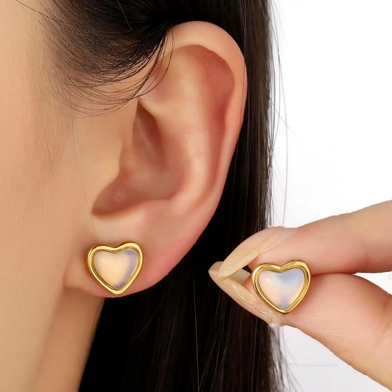 Moonstone Stud Earrings for Women 10mm 14K Gold Plated Handmade Gold Heart Crystal Earrings Moonstone Earrings Natural Stone Earrings Moonstone Jewelry for Women