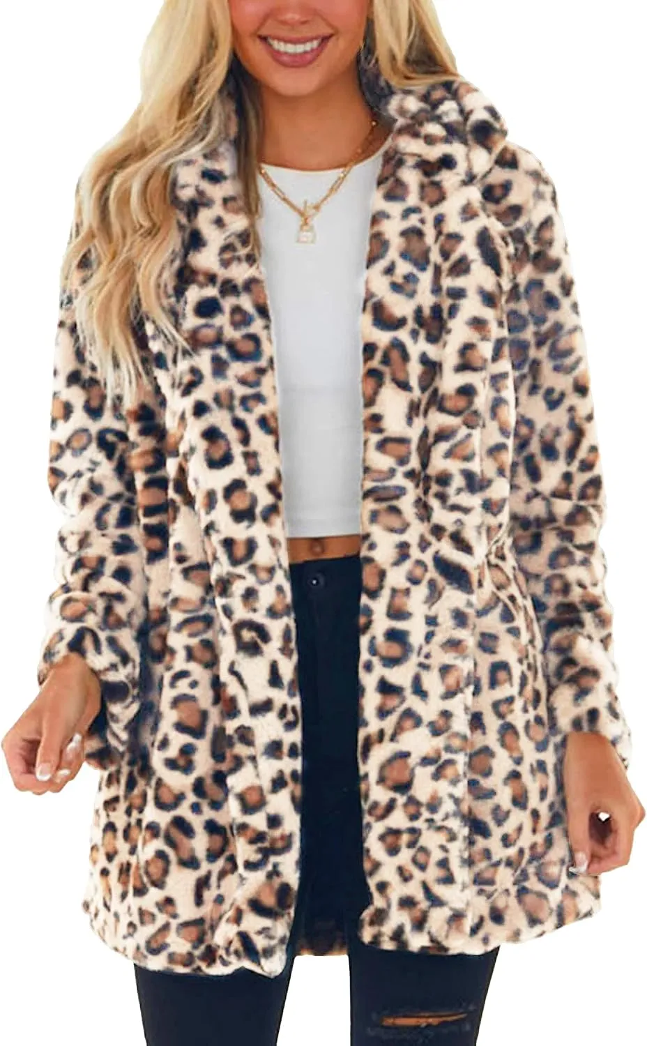 Omoone Women's Faux Fur Jackets Autumn Winter Leopard Coats Loose Fur Coat with Pockets