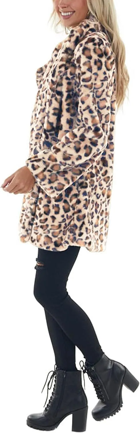 Omoone Women's Faux Fur Jackets Autumn Winter Leopard Coats Loose Fur Coat with Pockets