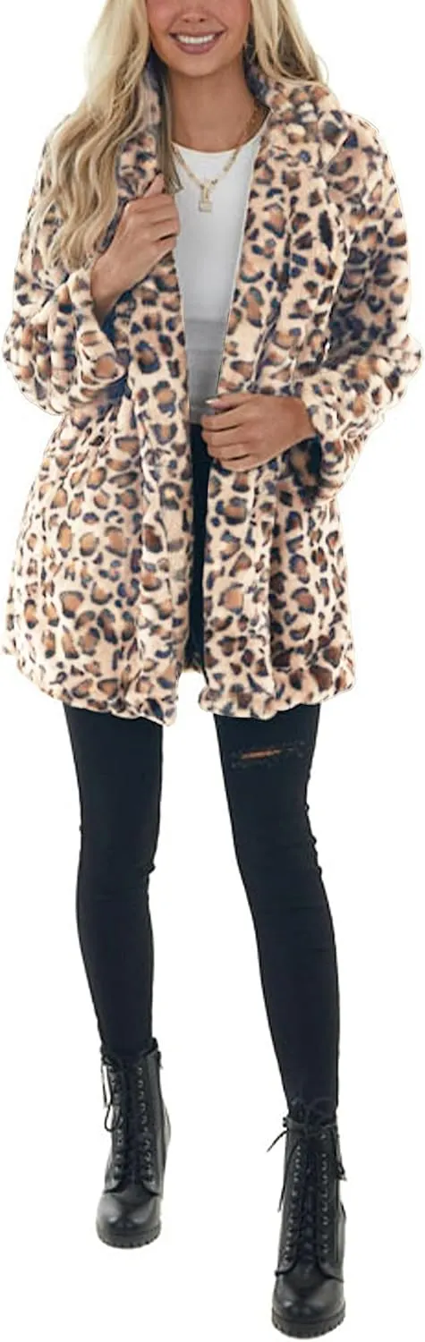 Omoone Women's Faux Fur Jackets Autumn Winter Leopard Coats Loose Fur Coat with Pockets