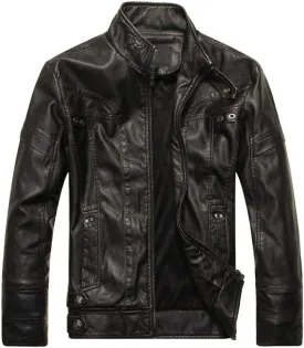 PASOK Men's Faux Leather Jacket Vintage Stand Collar Motorcycle PU Leather Outwear Coat