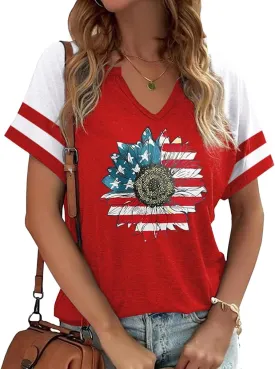 Patriotic V Neck Shirts 4th of July for Women American Flag Graphic Tee Casual Color Block Short Sleeve Summer Tops