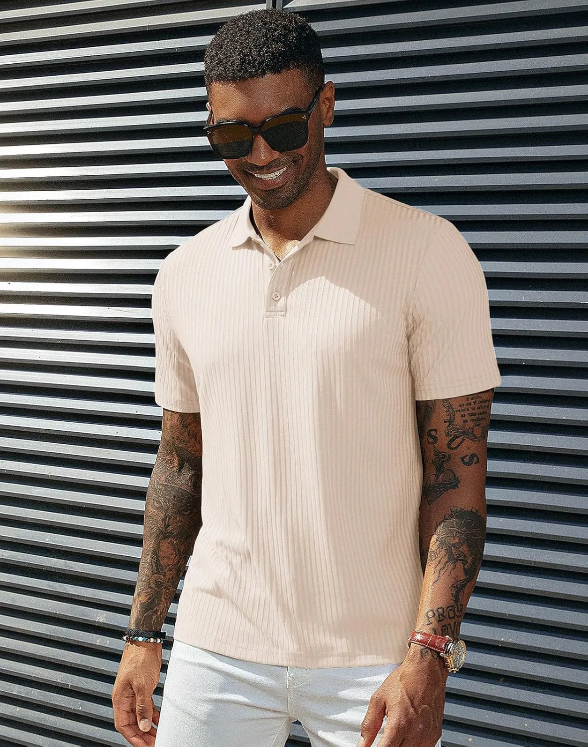 PJ PAUL JONES Mens Texture Polo Shirts Casual Wrinkle Free Elasticity Short Sleeve Knit Golf Shirt Tops