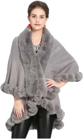 Poncho-Fur-Coat-Cape-Faux Fur-Ruana-blanket-Caplet-Wrap-Shrug-Sweater-dress shawl (Wool blend cape with faux fur trim)