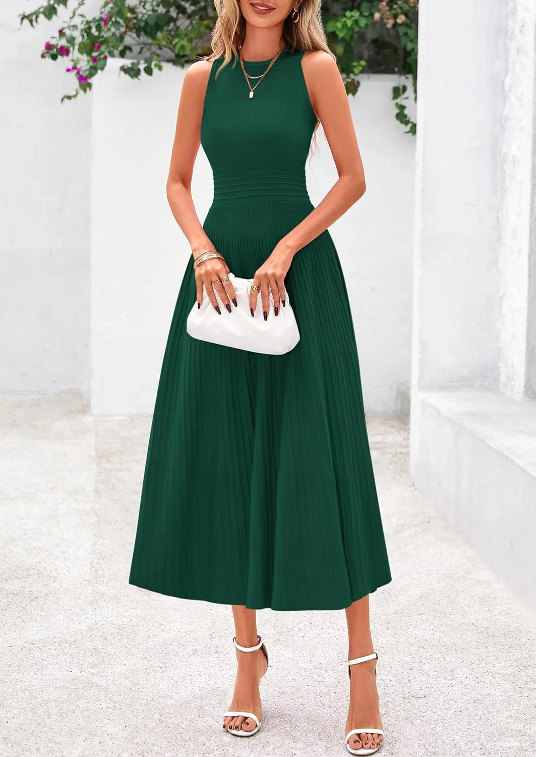PRETTYGARDEN Spring Casual Dresses for Women 2025 Summer Business Work Midi Sleeveless A Line Pleated Cocktail Dress
