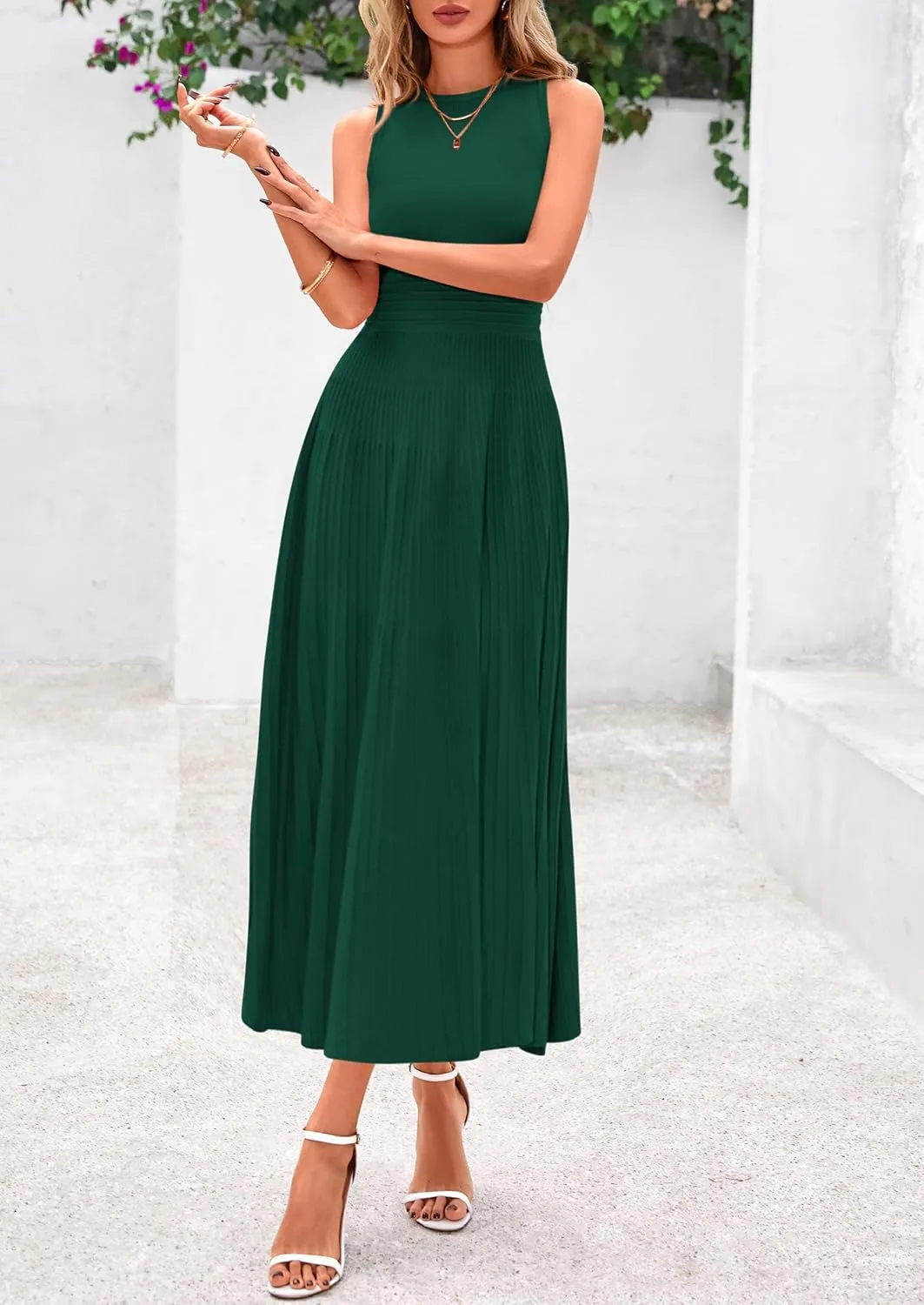 PRETTYGARDEN Spring Casual Dresses for Women 2025 Summer Business Work Midi Sleeveless A Line Pleated Cocktail Dress