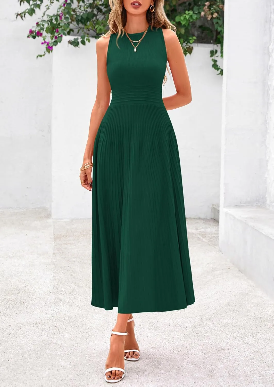 PRETTYGARDEN Spring Casual Dresses for Women 2025 Summer Business Work Midi Sleeveless A Line Pleated Cocktail Dress