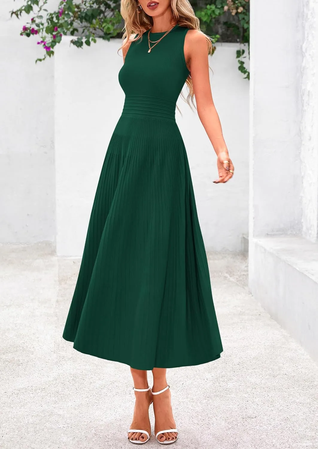 PRETTYGARDEN Spring Casual Dresses for Women 2025 Summer Business Work Midi Sleeveless A Line Pleated Cocktail Dress
