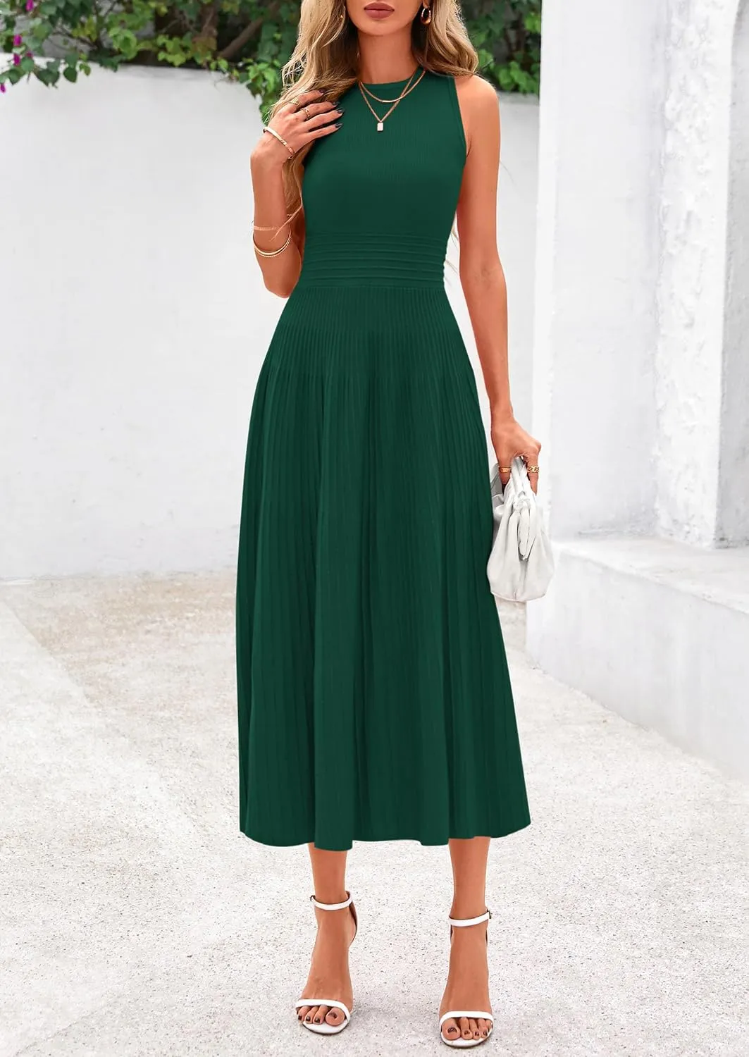 PRETTYGARDEN Spring Casual Dresses for Women 2025 Summer Business Work Midi Sleeveless A Line Pleated Cocktail Dress