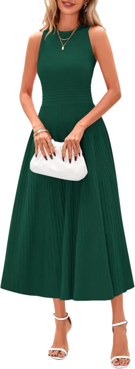 PRETTYGARDEN Spring Casual Dresses for Women 2025 Summer Business Work Midi Sleeveless A Line Pleated Cocktail Dress