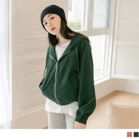PURE COLOR CORDUROY ELASTIC HEM HOODED JACKETS