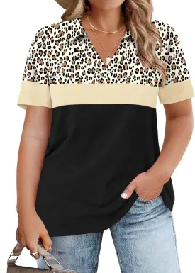 ROSRISS Plus-Size-Tops-for-Women Summer Loose Fit Short Sleeve Casual V Neck Polo Shirts Trendy Color Block Collared Tees