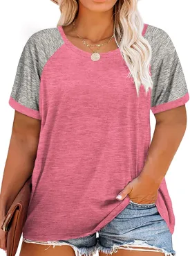 ROSRISS Plus Size Tops for Women Summer Raglan Color Block T Shirts Short Sleeve Loose Fit Tee