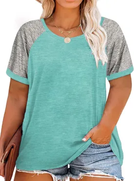 ROSRISS Plus Size Tops for Women Summer Raglan Color Block T Shirts Short Sleeve Loose Fit Tee