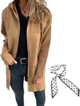 Round Neck Zipper Long Sleeve Casual Jacket,Womens Autumn Winter Full Zip Up Hoodies Trench Coat with Zip Pockets