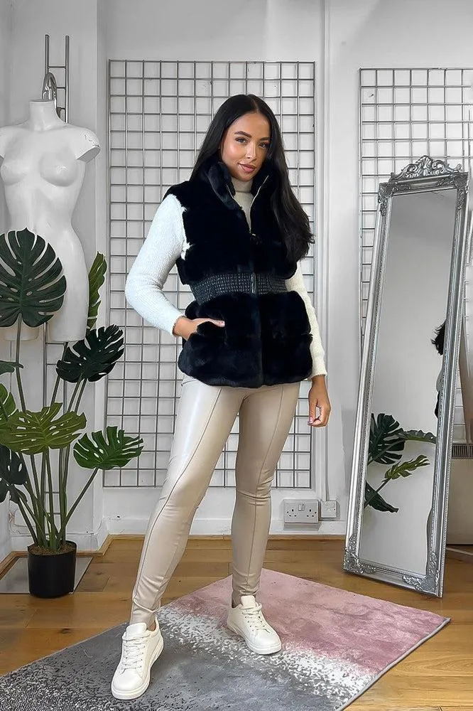 Shirred Waist Faux Fur High Neck Waistcoat