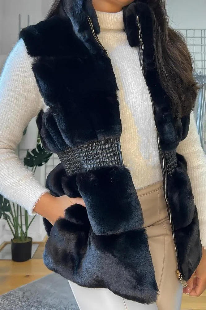 Shirred Waist Faux Fur High Neck Waistcoat