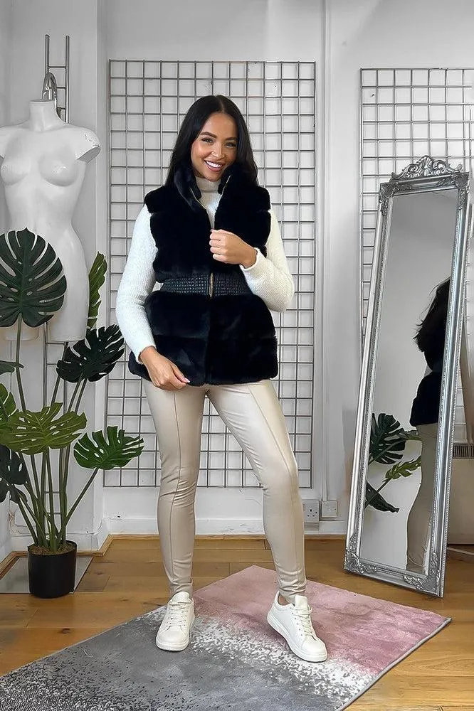 Shirred Waist Faux Fur High Neck Waistcoat