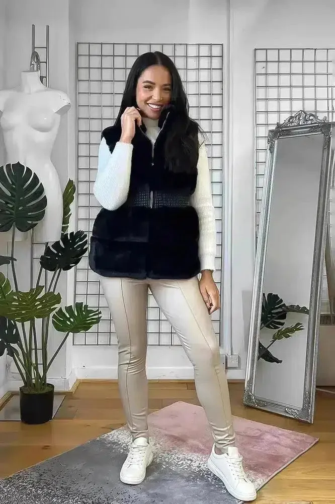 Shirred Waist Faux Fur High Neck Waistcoat