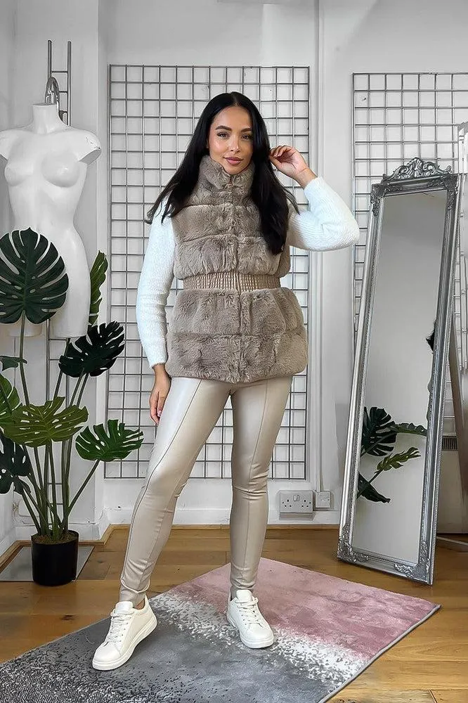 Shirred Waist Faux Fur High Neck Waistcoat