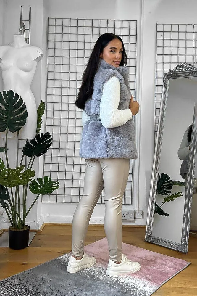 Shirred Waist Faux Fur High Neck Waistcoat
