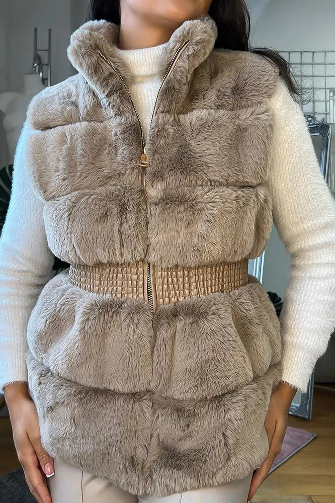 Shirred Waist Faux Fur High Neck Waistcoat