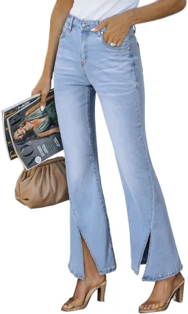 Sidefeel Womens Jeans High Waisted Stretchy Zimbaplatinum Wide Leg Jeans Trendy Slit Hem Bell Bottom Flare Denim Pants