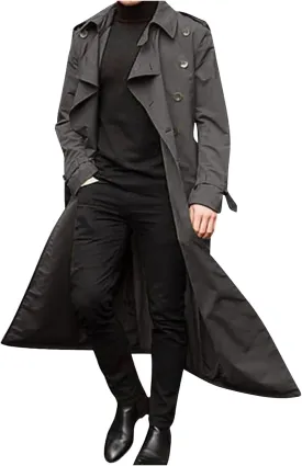 Sinzelimin Men's Trench Coat Fashion Easy Notch Lapel Business Casual Jacket Solid Long Pea Coat Windbreaker Overcoat
