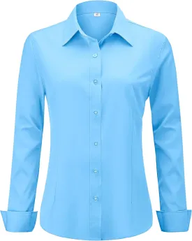 Soft Wrinkle-Free Women's Button Down Dress Shirts Solid Long Sleeve Work Blouses Fit Stretch Casual Tops XXS-6XL